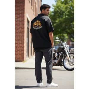 Orange County Choppers OCC Button Up Shirt Black Flame Graphic L